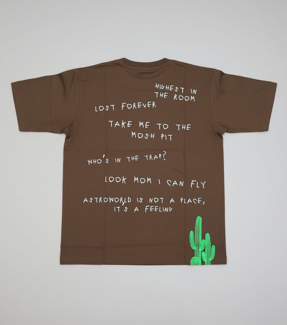 Brown t-shirt with text and a cactus graphic on a white background